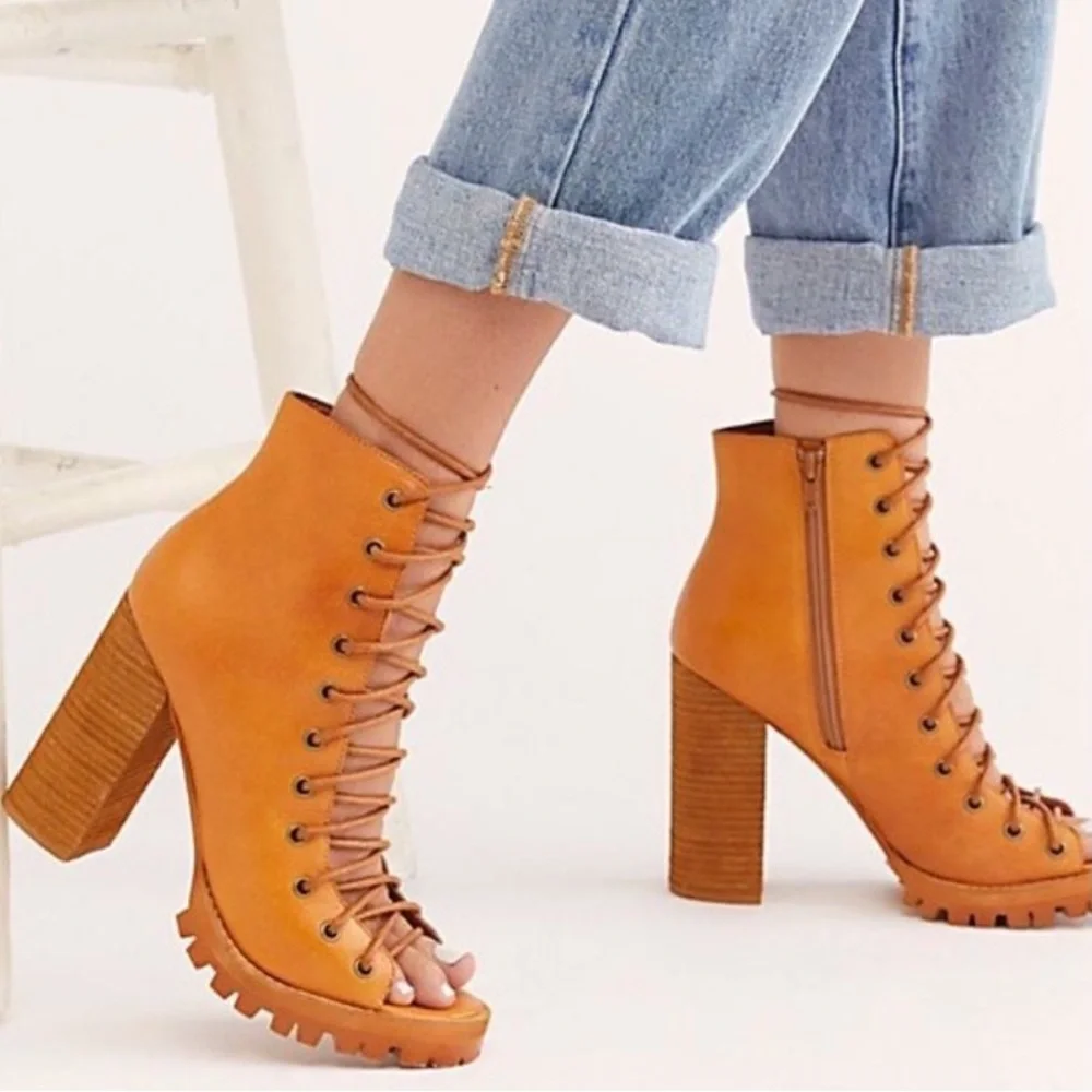 Jeffrey Campbell x Free People Palermo Heel Ankle Boots Tan 8.5 Open Toe Lace Up - Picture 1 of 8